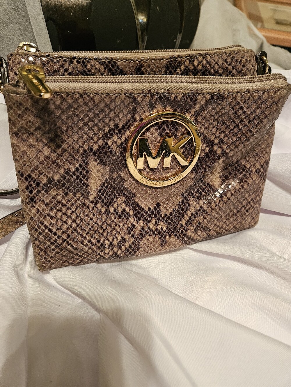 Michael Kors Snakeskin Python Print Leather Crossbody Bag Triple Zip Fulton Gold